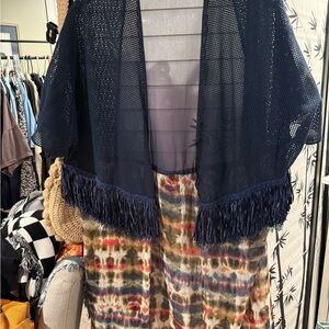 Navy Fringe Kimono with multicolor bottom